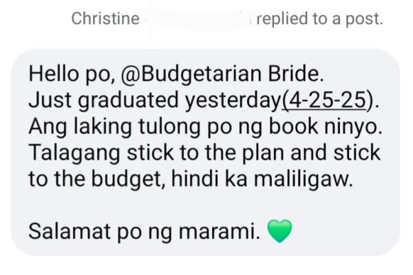 Christine — married April 2025. 'Stick to the plan, stick to the budget — hindi ka maliligaw.