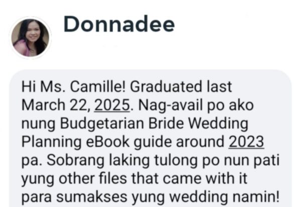 Donnadee — married March 2025. Bought the eBook back in 2023, and the guide plus the bonus files made her wedding a success.